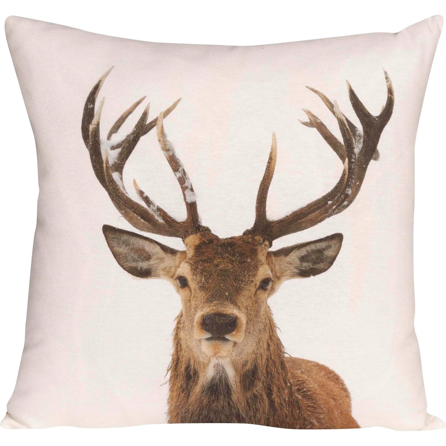 Kissenhülle mit verschneitem Hirsch-Motiv auf weissem Hintergrund