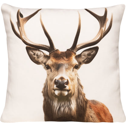 Rechteckiges Kissen mit fotorealistischem Rentisch mit Geweih. Hintergrund ist komplett weiß. 