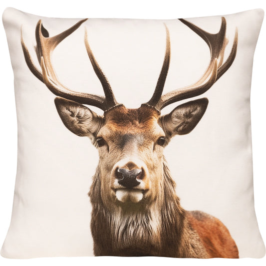 Rechteckiges Kissen mit fotorealistischem Rentisch mit Geweih. Hintergrund ist komplett weiß. 