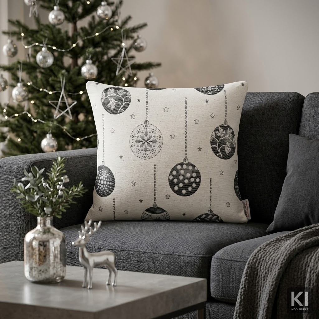 Jacquard Kissenhülle Weihnachtskugeln grau-weiß 50x50 cm | schlicht & moderne Weihnachtsdekoration
