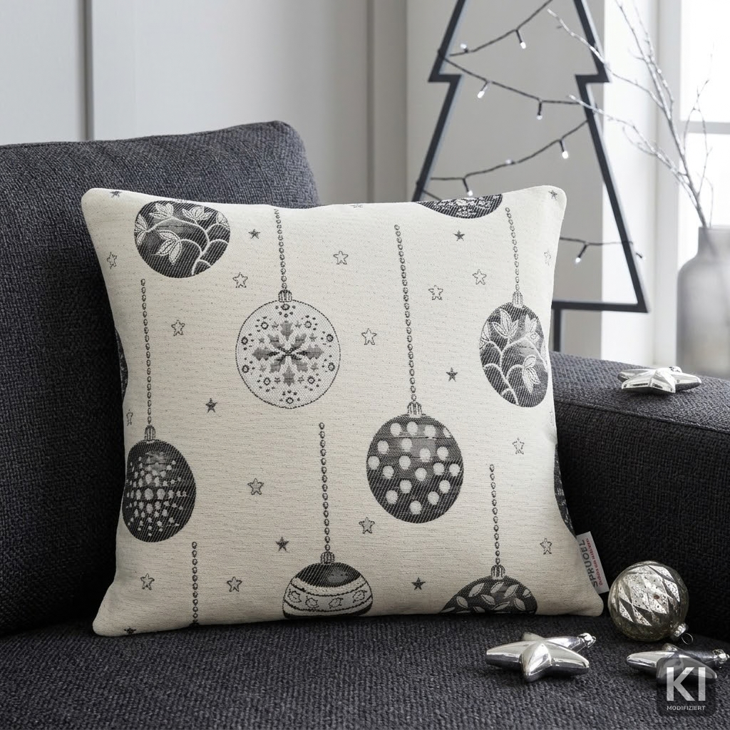 Jacquard Kissenhülle Weihnachtskugeln grau-weiß 50x50 cm | schlicht & moderne Weihnachtsdekoration
