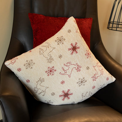 Samtweiche Chenille Kissenhülle Rentiere und Schneeflocken 40x40 cm | Glitzereffekt durch metallisierte Fasern