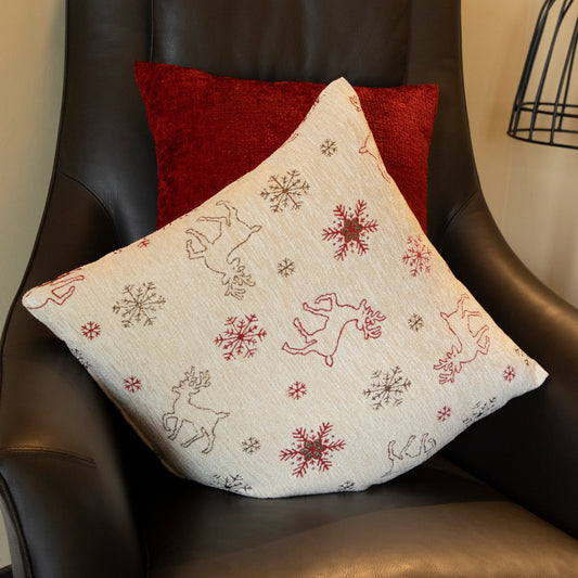 Samtweiche Chenille Kissenhülle Rentiere und Schneeflocken 40x40 cm | Glitzereffekt durch metallisierte Fasern
