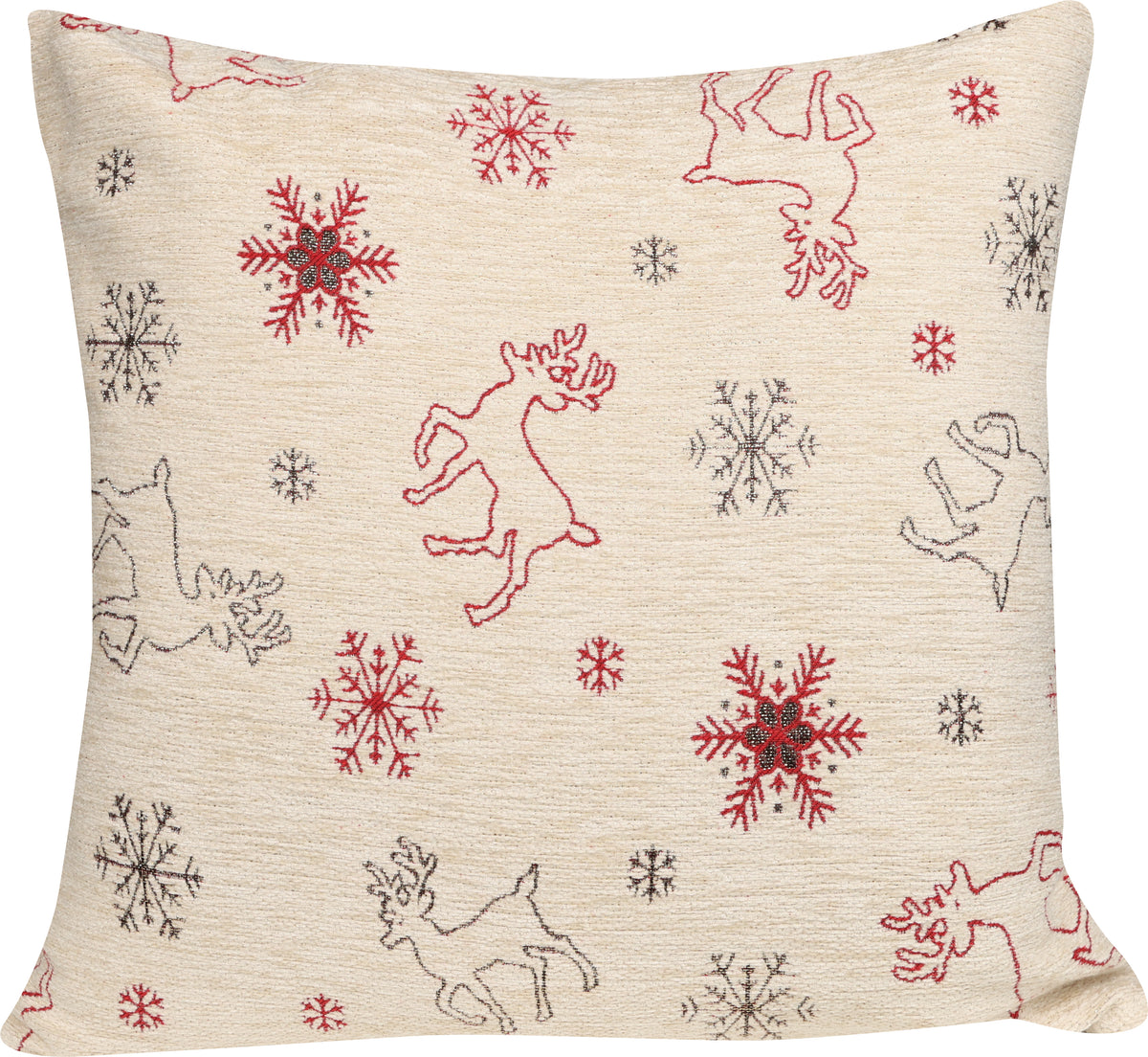 Samtweiche Chenille Kissenhülle Rentiere und Schneeflocken 40x40 cm | Glitzereffekt durch metallisierte Fasern