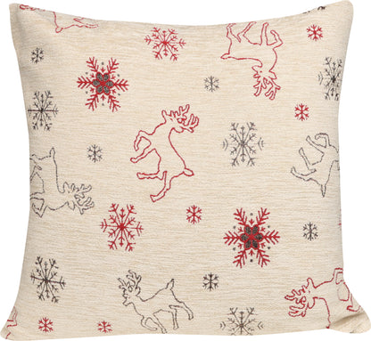 Samtweiche Chenille Kissenhülle Rentiere und Schneeflocken 40x40 cm | Glitzereffekt durch metallisierte Fasern