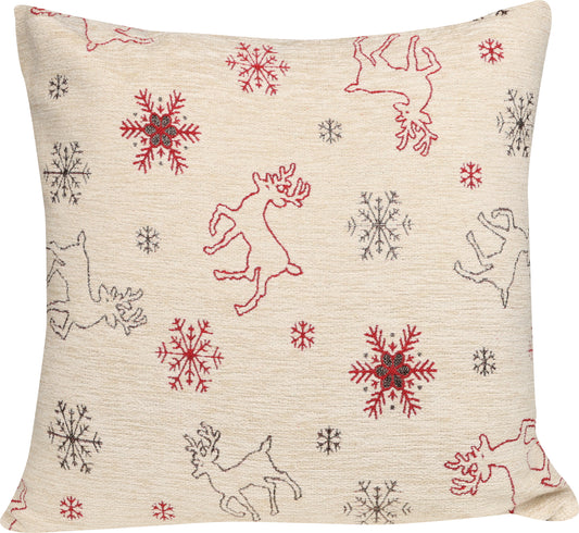 Samtweiche Chenille Kissenhülle Rentiere und Schneeflocken 40x40 cm | Glitzereffekt durch metallisierte Fasern