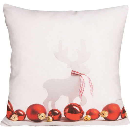 weiße Fotodruck Kissenhülle mit einem Hirsch und roten Christbaumkugeln - Baubles Deer - SPRÜGEL