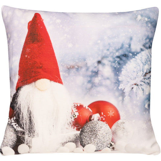 Wichtel Kissenhülle in winterlicher Landschaft mit Christbaumkugeln und Tannenzweig - Navidad Dwarf - SPRÜGEL
