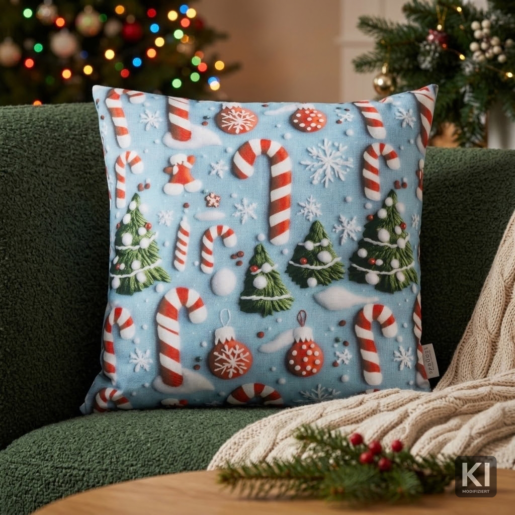 Kissenhülle Winter Candy Cane 50x50 cm | Naturweich & Matt - Zuckerstange Weihnachten Hellblau