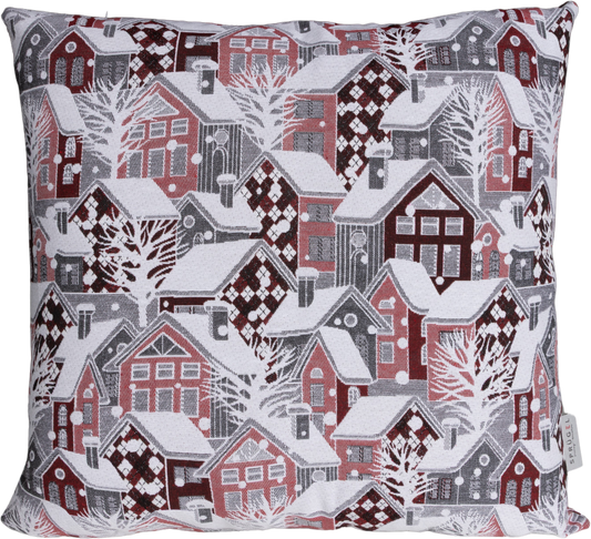Kissenhülle Wintertime Home 60x60 cm | Fein & Glatt - Winterstadt Bordeaux Grau Weiß