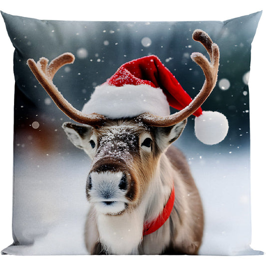 weihnachtliche Fotodruck Kissenhülle Elch mit einer Nikolausmütze - Winter Moose - SPRÜGEL
