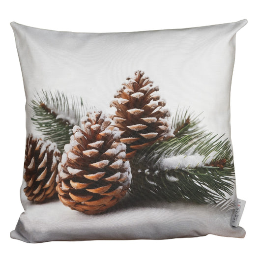 winterliche Kissenhülle mit Tannenzapfen, Tannenzweigen und Schnee - Winter Pinecone - SPRÜGEL