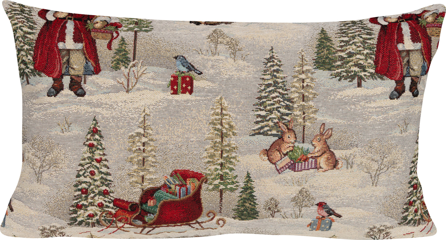 Kissenhülle Winter X-Mas 30x50 cm | Schwer & Griffig - Weihnachtsmann Hirsch Gobelin Creme
