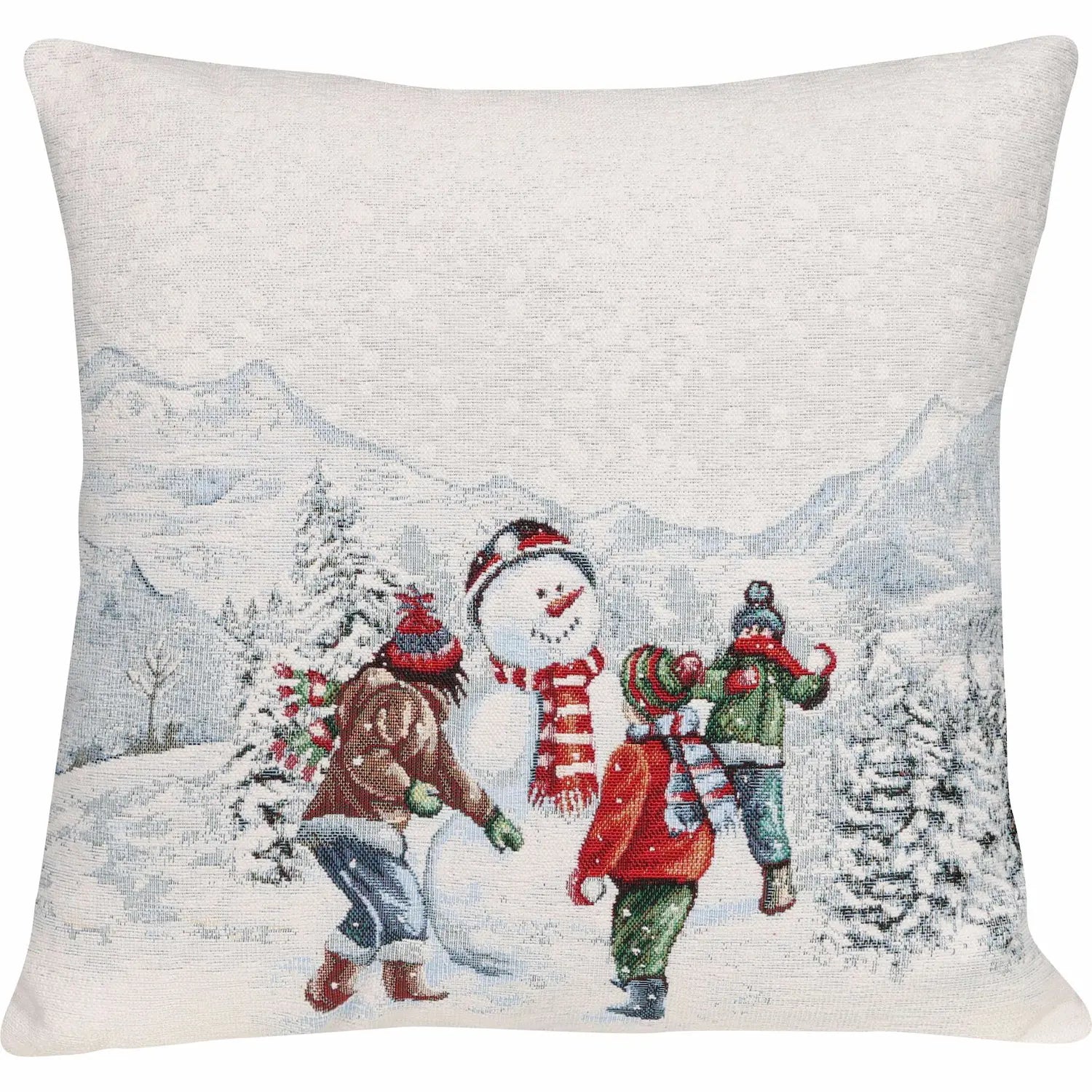 Kissenhülle mit verschneiter Bergumgebung und spielenden Kindern mit einem Schneemann in der Mitte