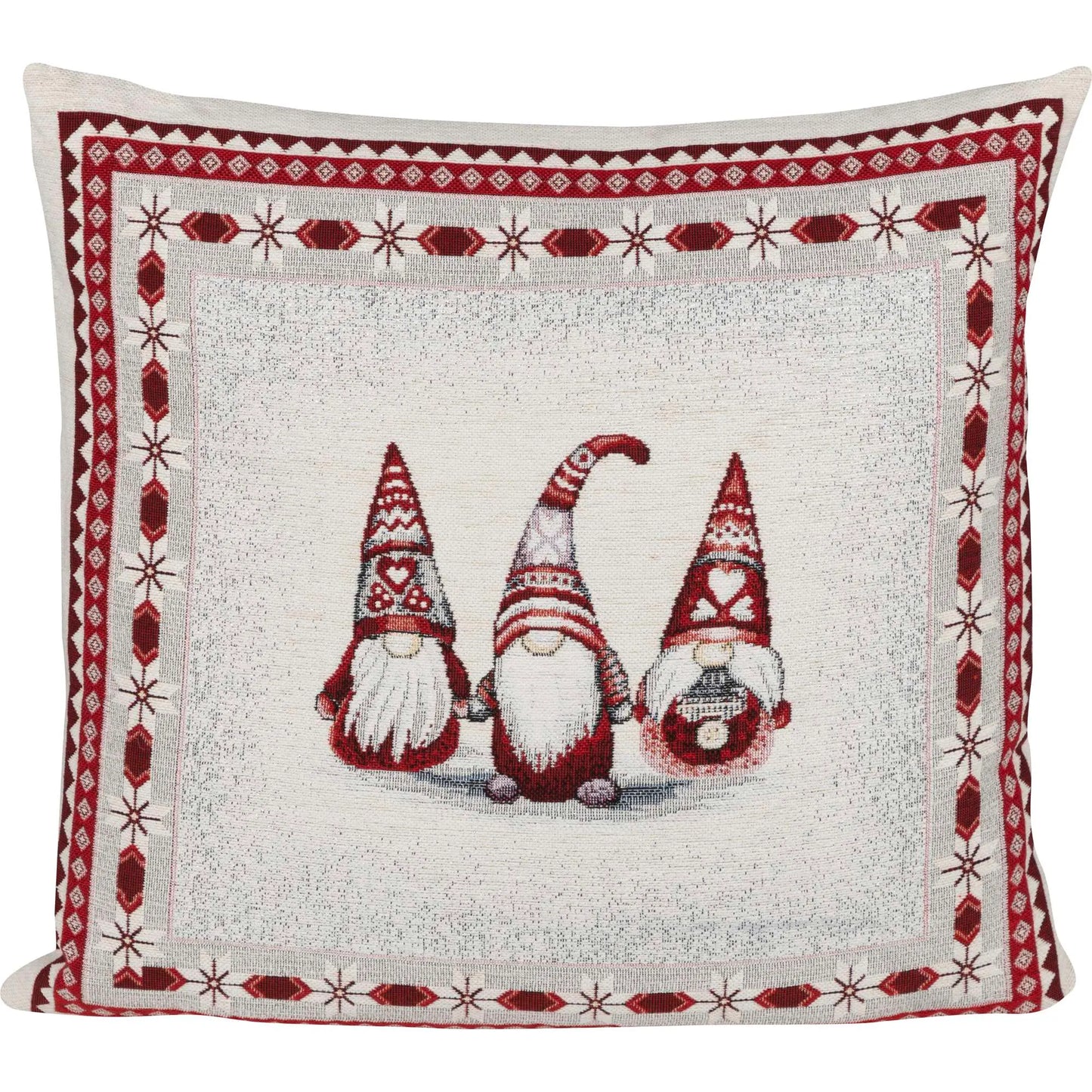 Gobelin-Kissenhülle mit drei Wichtelfiguren mit rot-weiß gemusterten Mützen, umrahmt von einem festlichen Musterrahmen