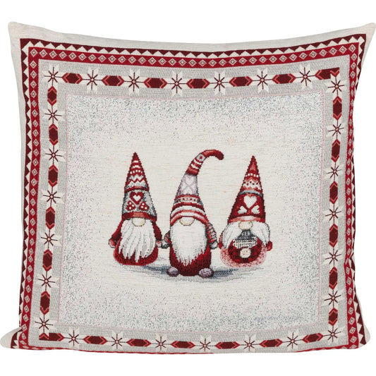 Gobelin-Kissenhülle mit drei Wichtelfiguren mit rot-weiß gemusterten Mützen, umrahmt von einem festlichen Musterrahmen