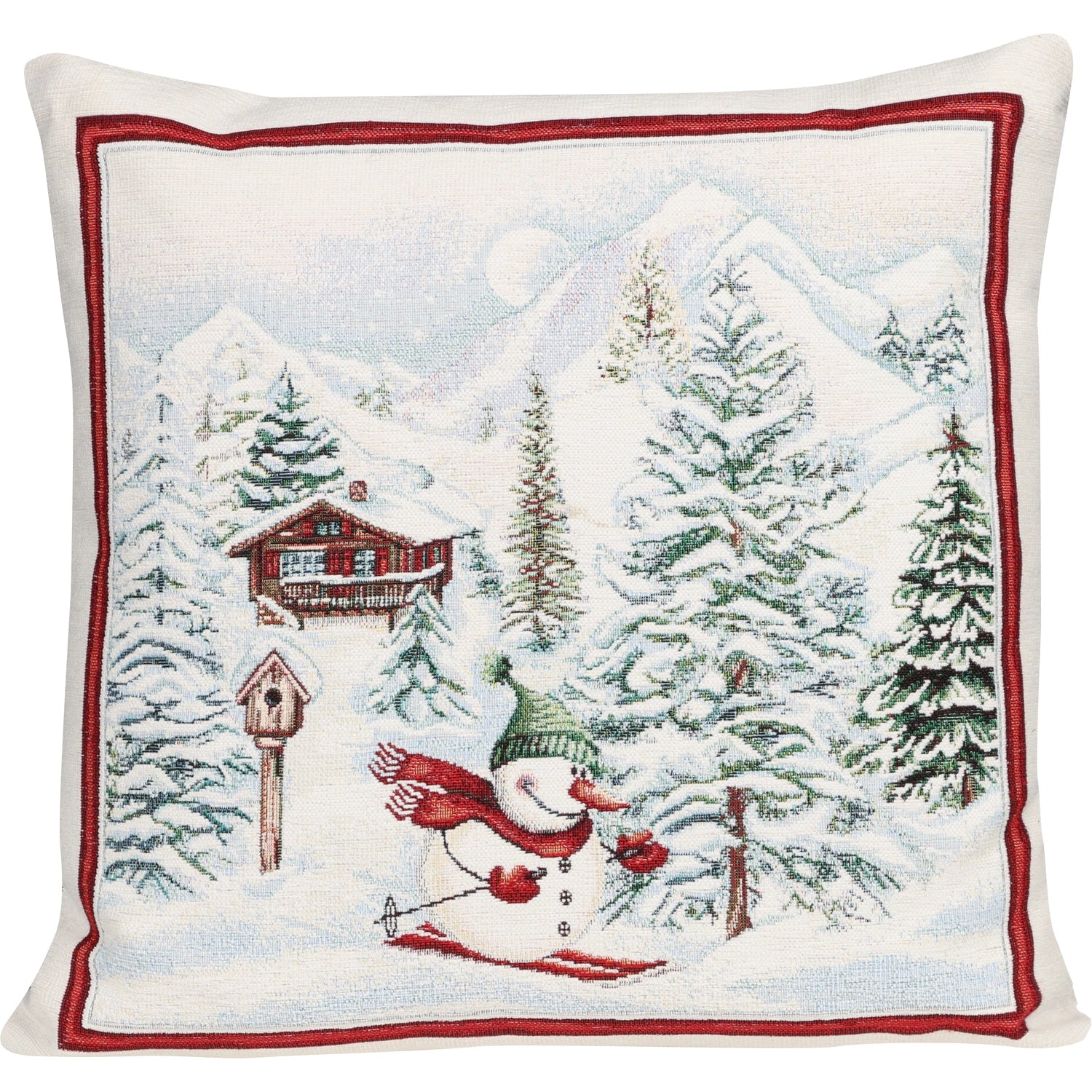 Quadratische Gobelin Chenille Kissenhülle 45x45 cm. Ein lustiger Schneemann mit rotem Schal fährt Ski in einer verschneiten Alpenlandschaft mit einer Berghütte.