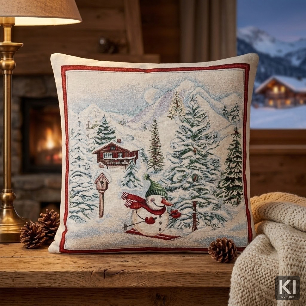 Wendekissenhülle Ski-Schneemann 45x45 cm | samtweiches Chenille Gewebe mit eingewebtem Wintermotiv