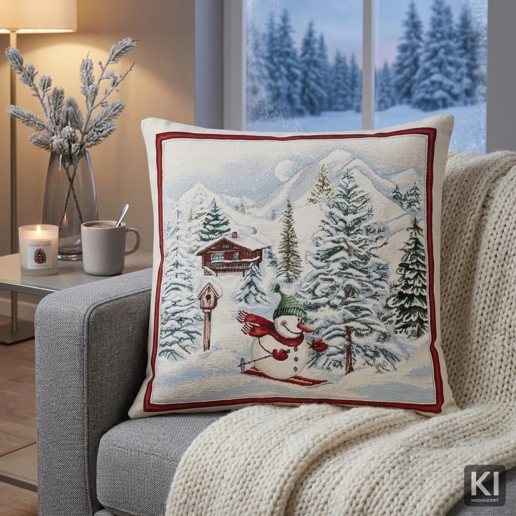 Wendekissenhülle Ski-Schneemann 45x45 cm | samtweiches Chenille Gewebe mit eingewebtem Wintermotiv