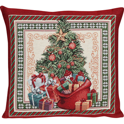 Quadratische Gobelin Kissenhülle 45x45 cm. Motiv von einem geschmückten Tannenbaum, umgeben von einem großen Geschenkesack und vielen bunten Weihnachtsgeschenken, mit rotem Rand.