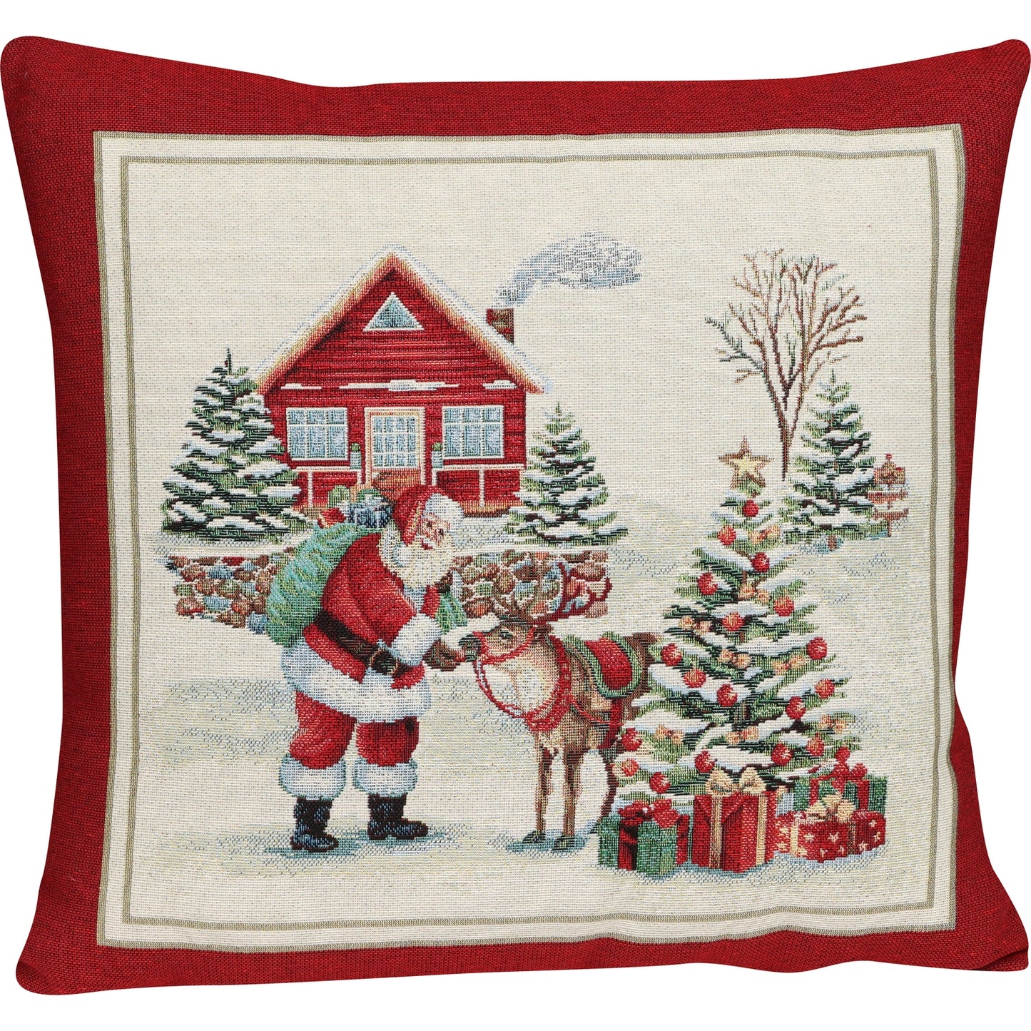 Quadratische Gobelin Kissenhülle 45x45 cm. Weihnachtsmann füttert sein Rentier vor einem roten Haus und einem geschmückten Tannenbaum, mit breiter bordeauxroter Umrandung.