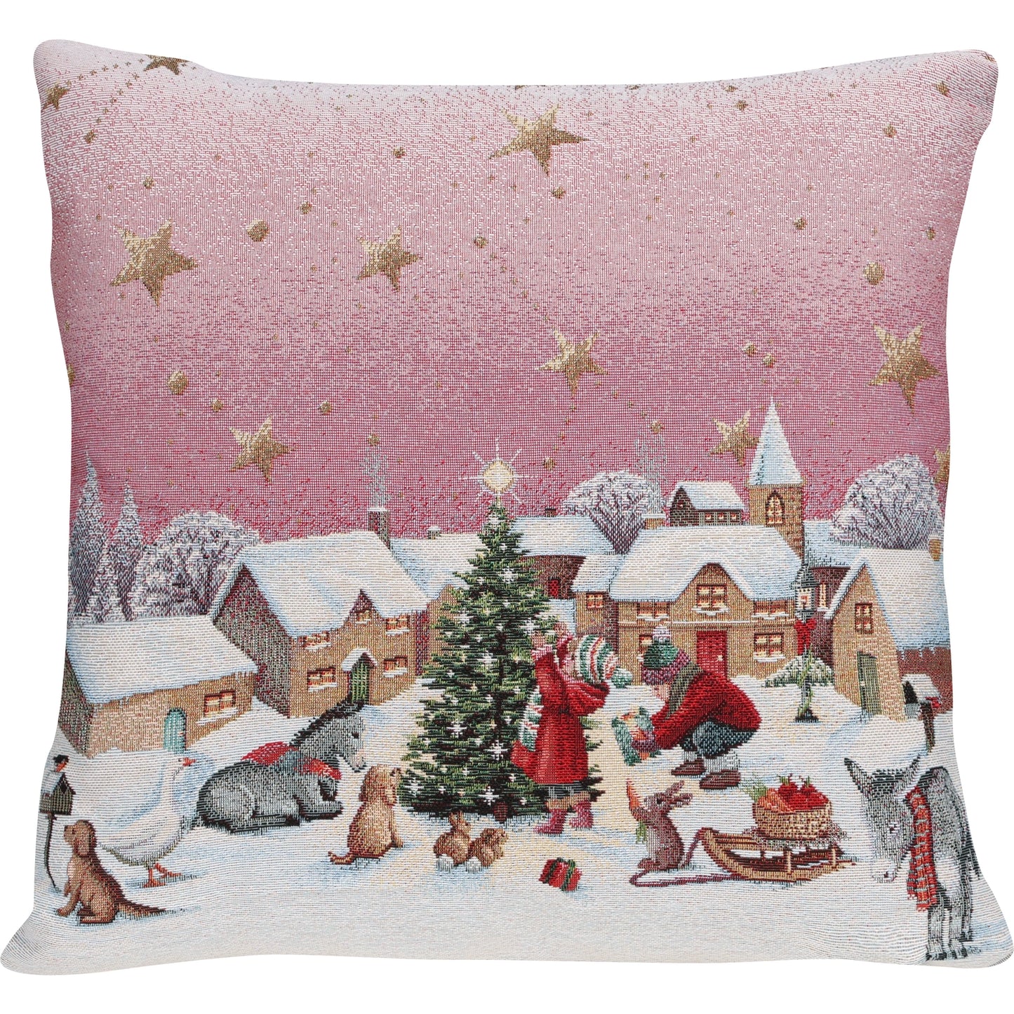 Quadratische Gobelin Kissenhülle 45x45 cm. Detailreiche, fröhliche Weihnachtsdorf-Szene mit Kindern, Tieren und einem geschmückten Baum unter einem rosafarbenen Himmel mit Goldsternen.