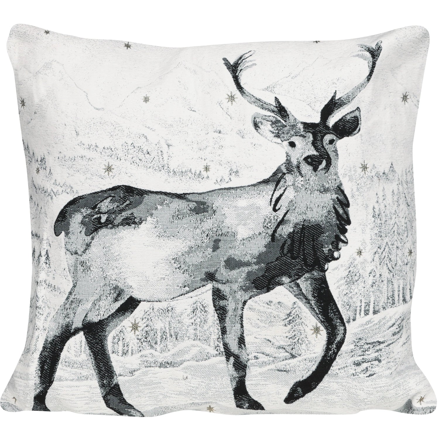 Quadratische Chenille Kissenhülle 45x45 cm in Schwarz-Weiß mit einem majestätischen Hirsch mit Geweih in einer verschneiten Berglandschaft mit glitzernden Sternen.