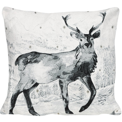 Quadratische Chenille Kissenhülle 45x45 cm in Schwarz-Weiß mit einem majestätischen Hirsch mit Geweih in einer verschneiten Berglandschaft mit glitzernden Sternen.