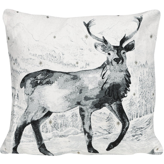 Quadratische Chenille Kissenhülle 45x45 cm in Schwarz-Weiß mit einem majestätischen Hirsch mit Geweih in einer verschneiten Berglandschaft mit glitzernden Sternen.