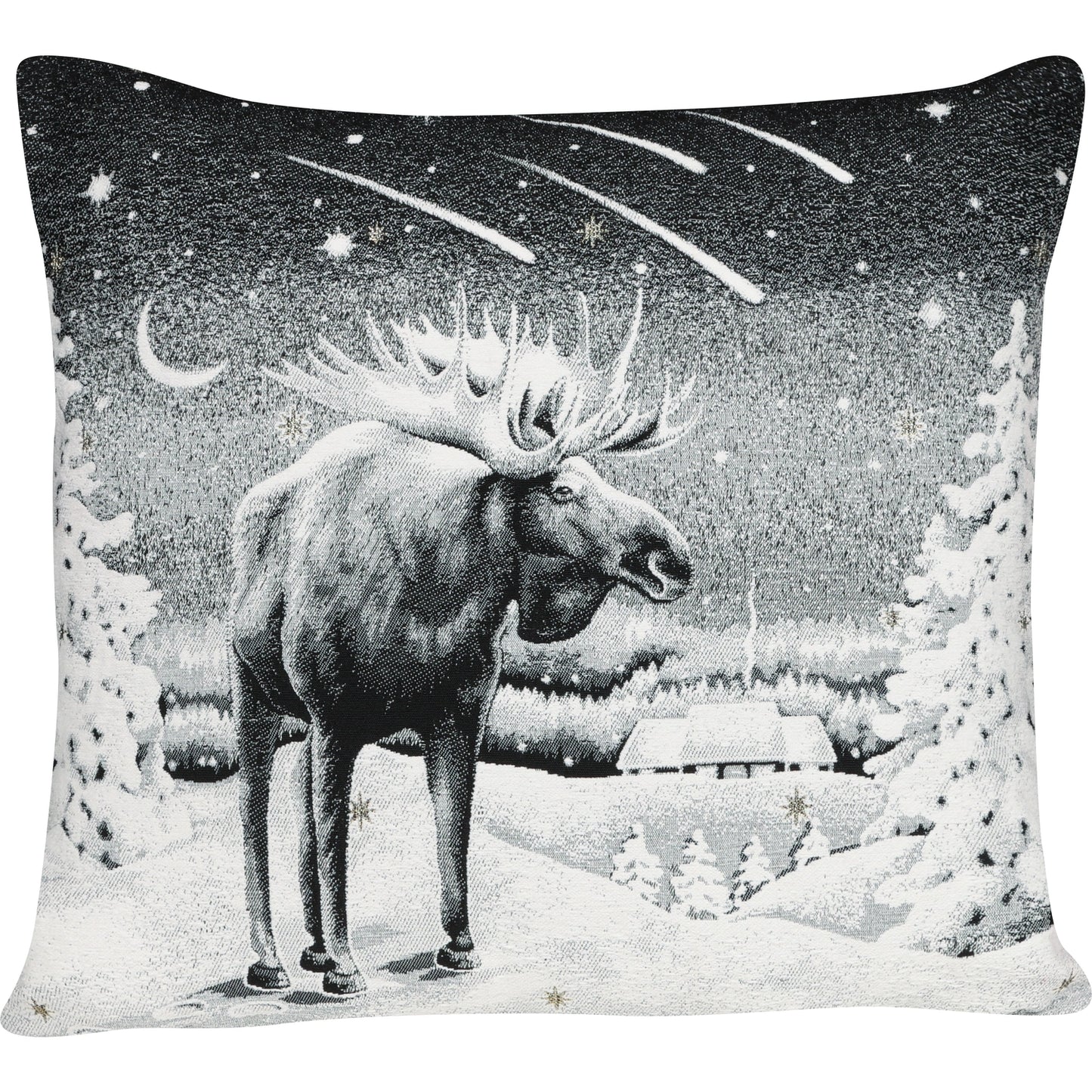Quadratische Chenille Kissenhülle 45x45 cm in Schwarz-Weiß mit einem majestätischen Elch in einer verschneiten Winterlandschaft unter einem Sternschnuppen-Himmel.