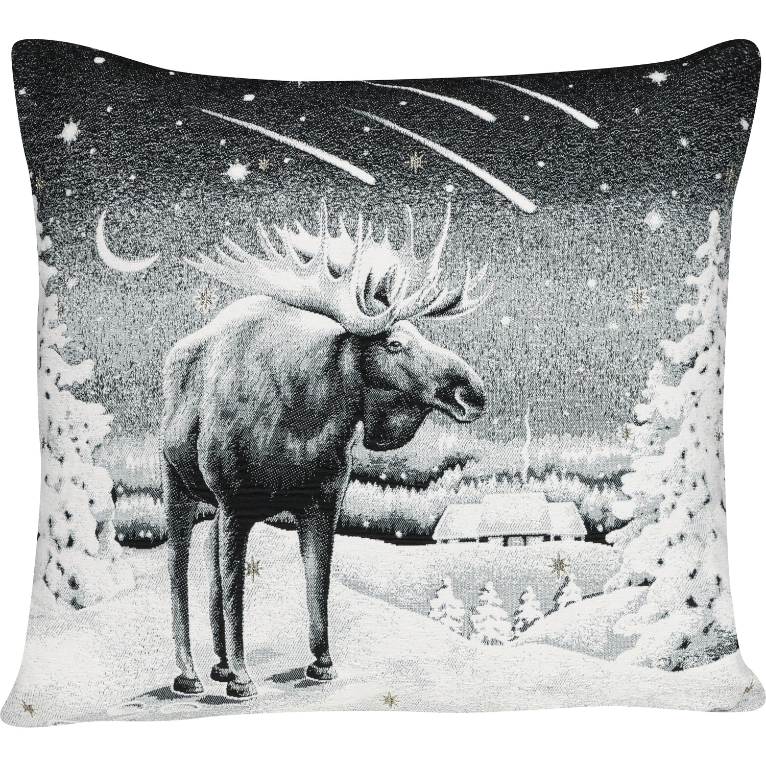 Quadratische Chenille Kissenhülle 45x45 cm in Schwarz-Weiß mit einem majestätischen Elch in einer verschneiten Winterlandschaft unter einem Sternschnuppen-Himmel.