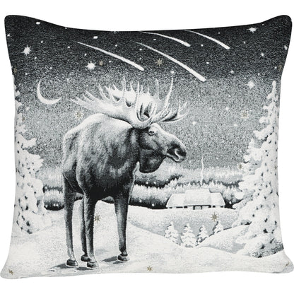 Quadratische Chenille Kissenhülle 45x45 cm in Schwarz-Weiß mit einem majestätischen Elch in einer verschneiten Winterlandschaft unter einem Sternschnuppen-Himmel.