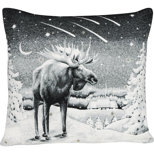 Quadratische Chenille Kissenhülle 45x45 cm in Schwarz-Weiß mit einem majestätischen Elch in einer verschneiten Winterlandschaft unter einem Sternschnuppen-Himmel.
