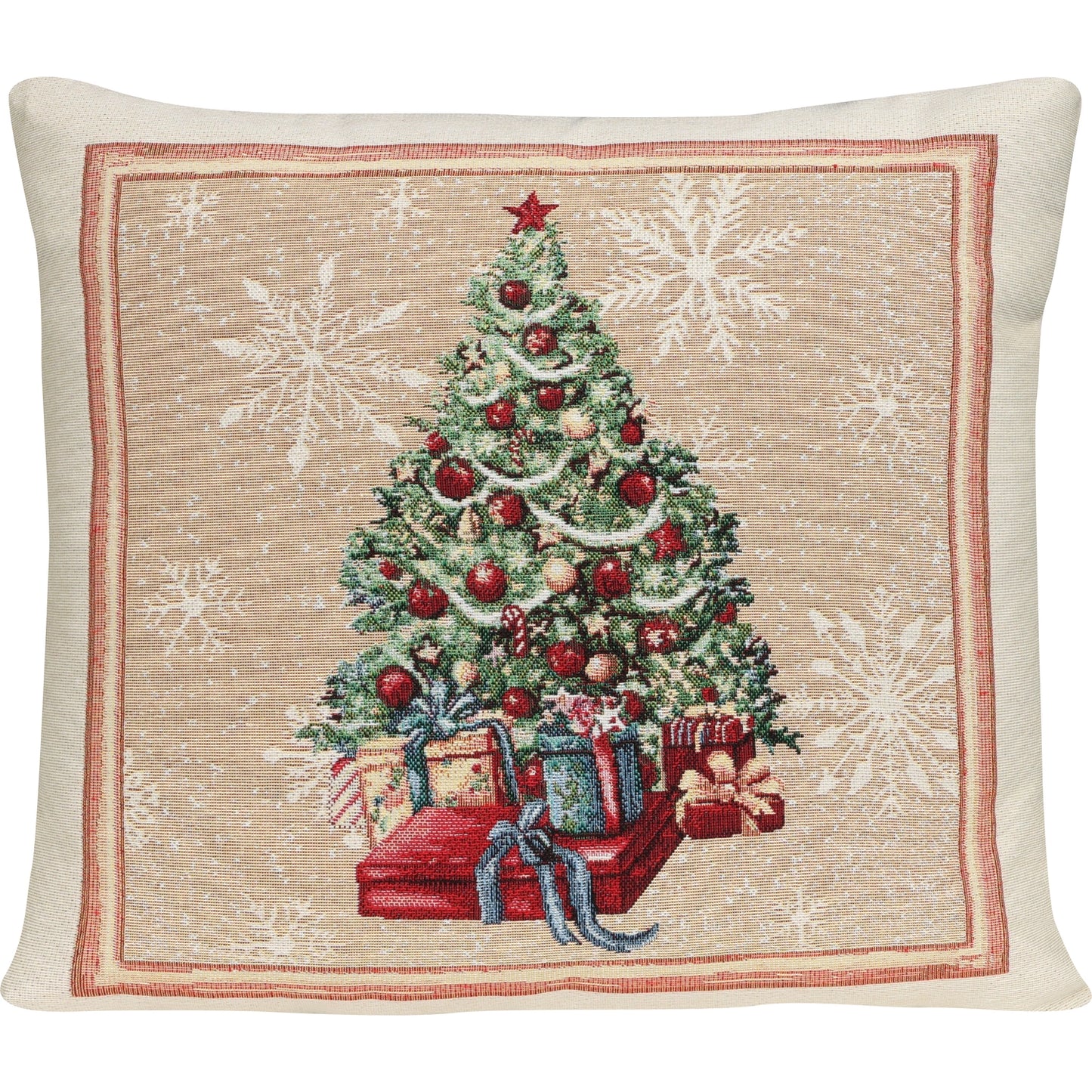 Quadratische Gobelin Kissenhülle 45x45 cm. Klassischer, geschmückter Weihnachtsbaum mit roten Kugeln und Geschenken darunter, auf beigem Hintergrund mit Schneeflocken.