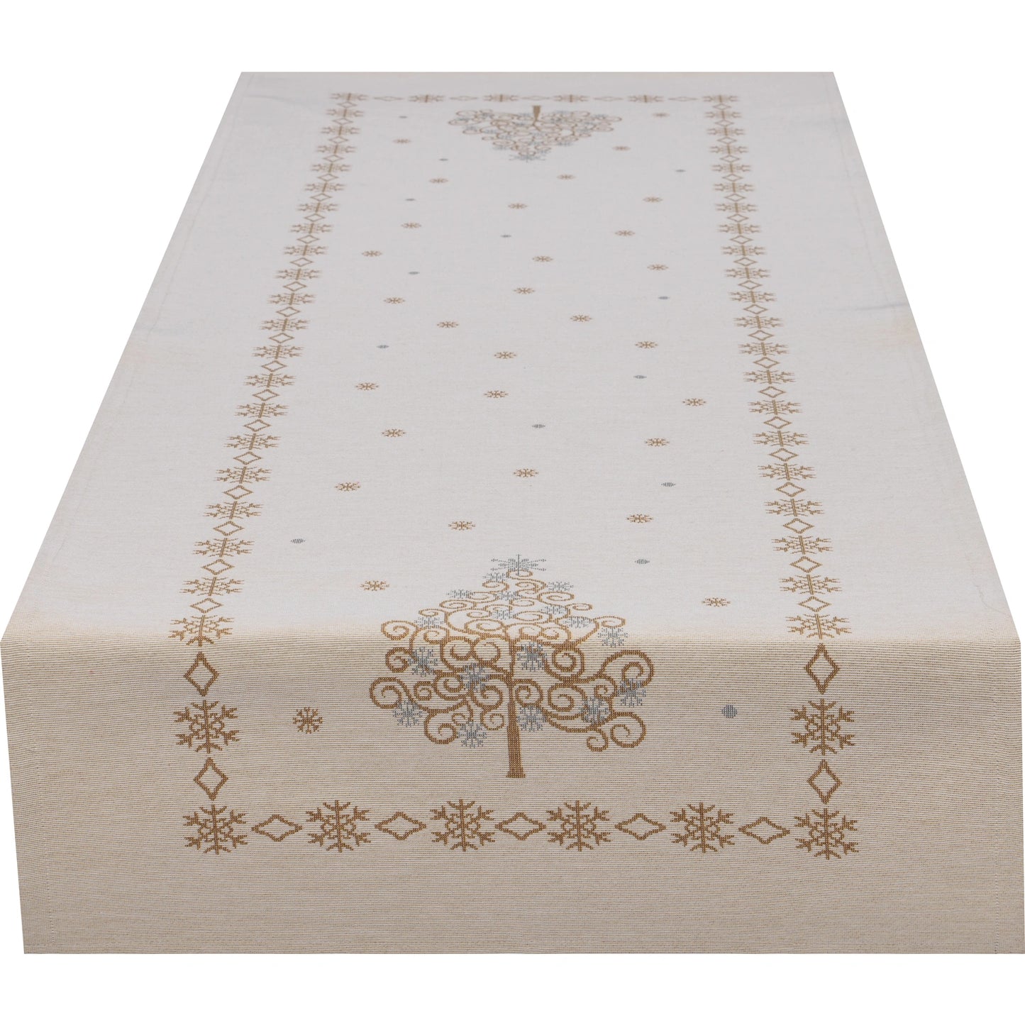 Langes, elegantes Gobelin Tischband 45x140 cm mit stilisiertem Weihnachtsbaum aus goldenen Wirbeln sowie umgebender Schneeflocken-Borte.