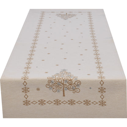 Langes, elegantes Gobelin Tischband 45x140 cm mit stilisiertem Weihnachtsbaum aus goldenen Wirbeln sowie umgebender Schneeflocken-Borte.