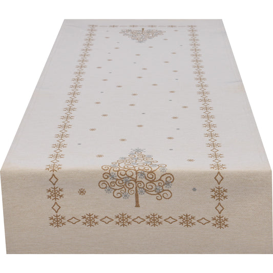 Langes, elegantes Gobelin Tischband 45x140 cm mit stilisiertem Weihnachtsbaum aus goldenen Wirbeln sowie umgebender Schneeflocken-Borte.