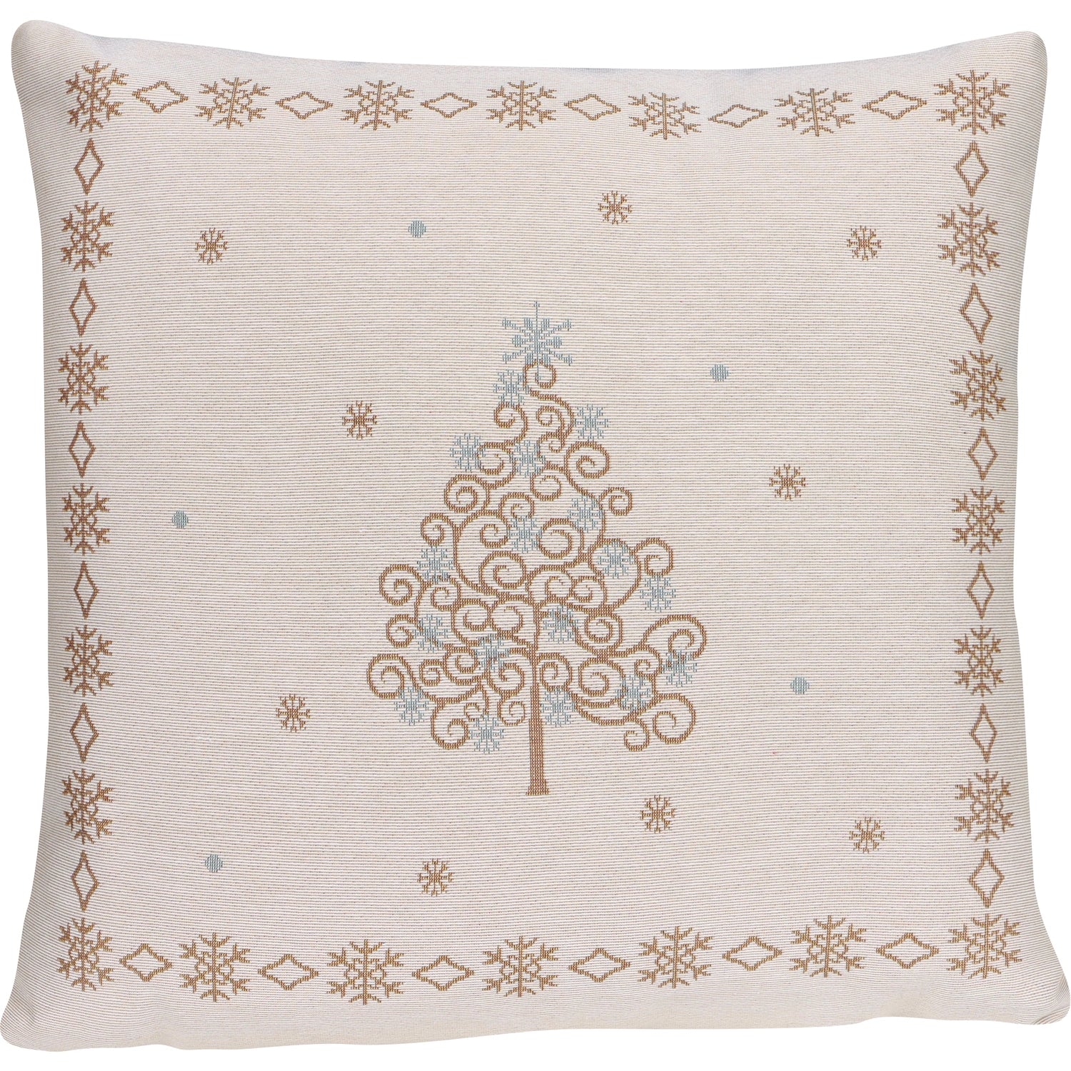 Quadratische Gobelin Kissenhülle 45x45 cm mit einem stilisierten Weihnachtsbaum aus goldenen Wirbeln, umgeben von einem Rahmen aus Schneeflocken.