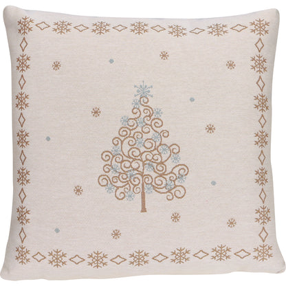 Quadratische Gobelin Kissenhülle 45x45 cm mit einem stilisierten Weihnachtsbaum aus goldenen Wirbeln, umgeben von einem Rahmen aus Schneeflocken.