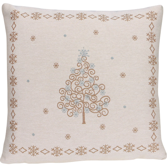 Quadratische Gobelin Kissenhülle 45x45 cm mit einem stilisierten Weihnachtsbaum aus goldenen Wirbeln, umgeben von einem Rahmen aus Schneeflocken.