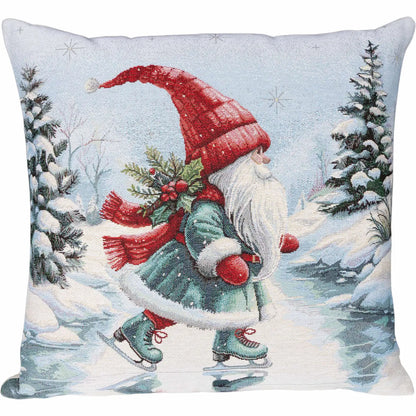 Gobelin Kissenhülle mit Zwerg auf Schlittschuhen – Winter Skate Dwarf