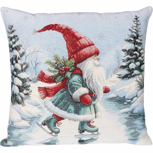 Gobelin Kissenhülle mit Zwerg auf Schlittschuhen – Winter Skate Dwarf