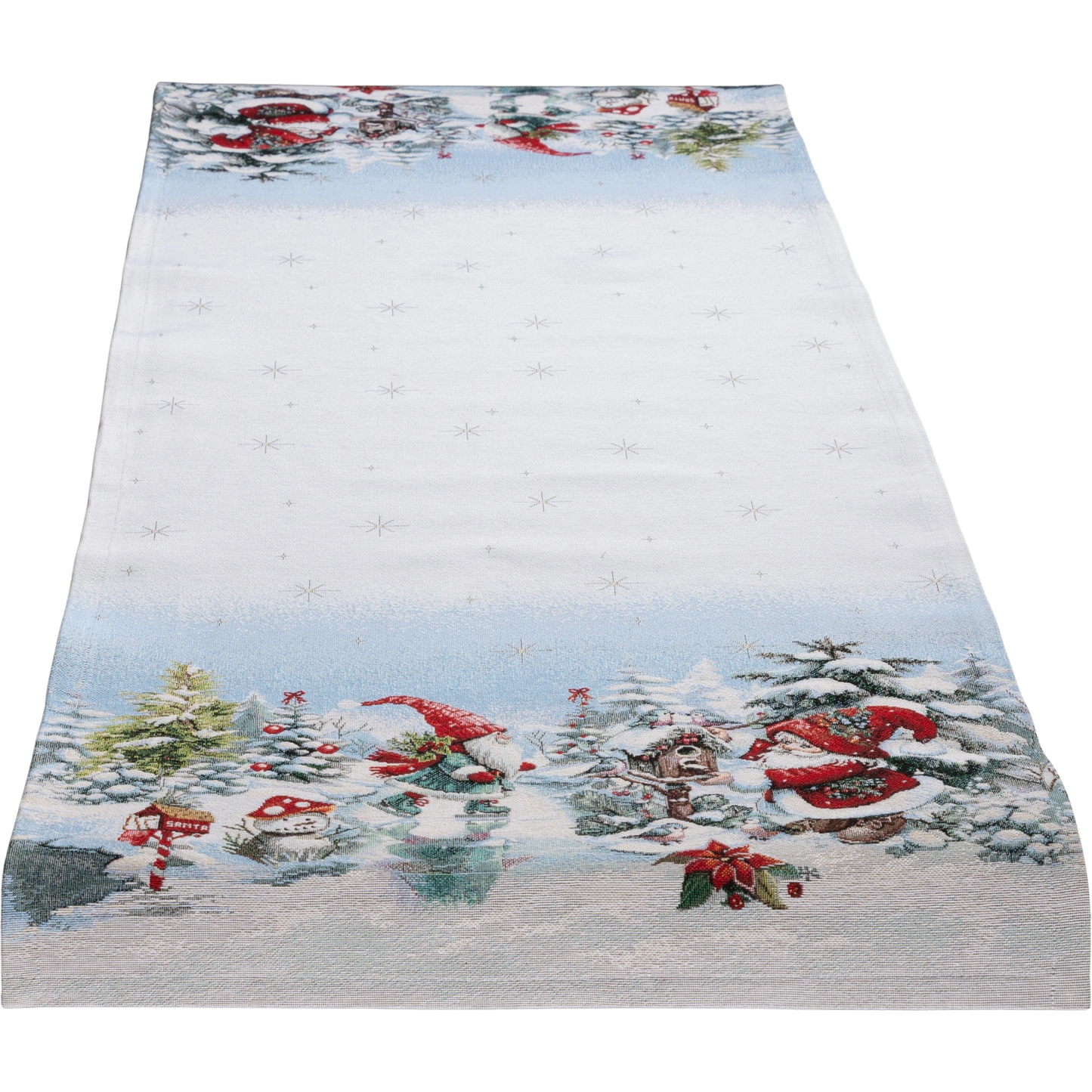 Festliches Gobelin Tischband gerade 45x140 cm mit einem Motiv von Wichteln und dem Weihnachtsmann in einer verschneiten Winterlandschaft.