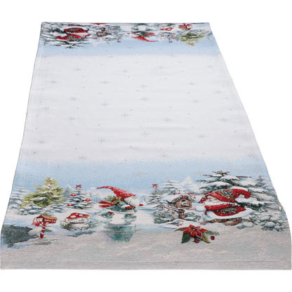 Festliches Gobelin Tischband gerade 45x140 cm mit einem Motiv von Wichteln und dem Weihnachtsmann in einer verschneiten Winterlandschaft.