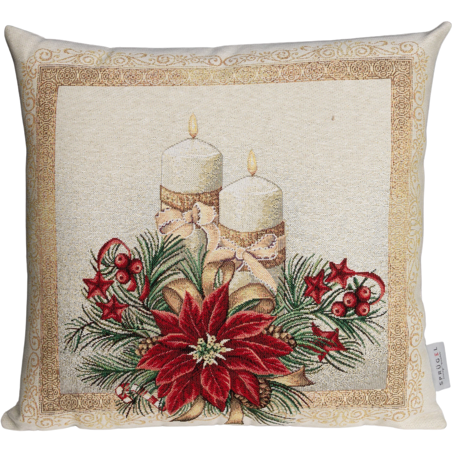 Quadratische Gobelin Kissenhülle mit weihnachtlichem Motiv: zwei helle Kerzen umgeben von roten Weihnachtssternen, Tannenzweigen und goldenen Ornamenten.
