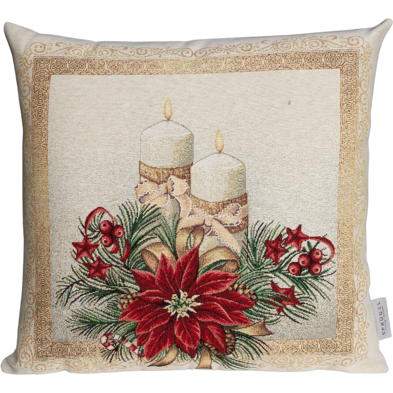Quadratische Gobelin Kissenhülle mit weihnachtlichem Motiv: zwei helle Kerzen umgeben von roten Weihnachtssternen, Tannenzweigen und goldenen Ornamenten.