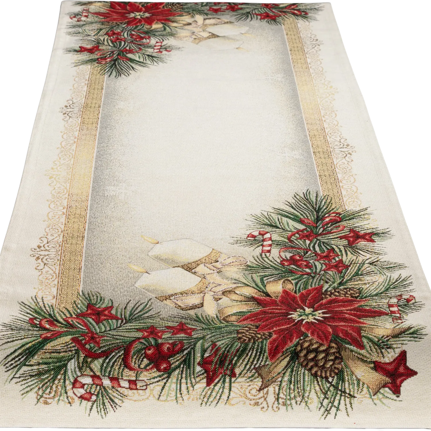 Festlicher Gobelin-Tischläufer, rechteckig, mit roten Weihnachtssternen, grünen Tannenzweigen und goldener Zierbordüre