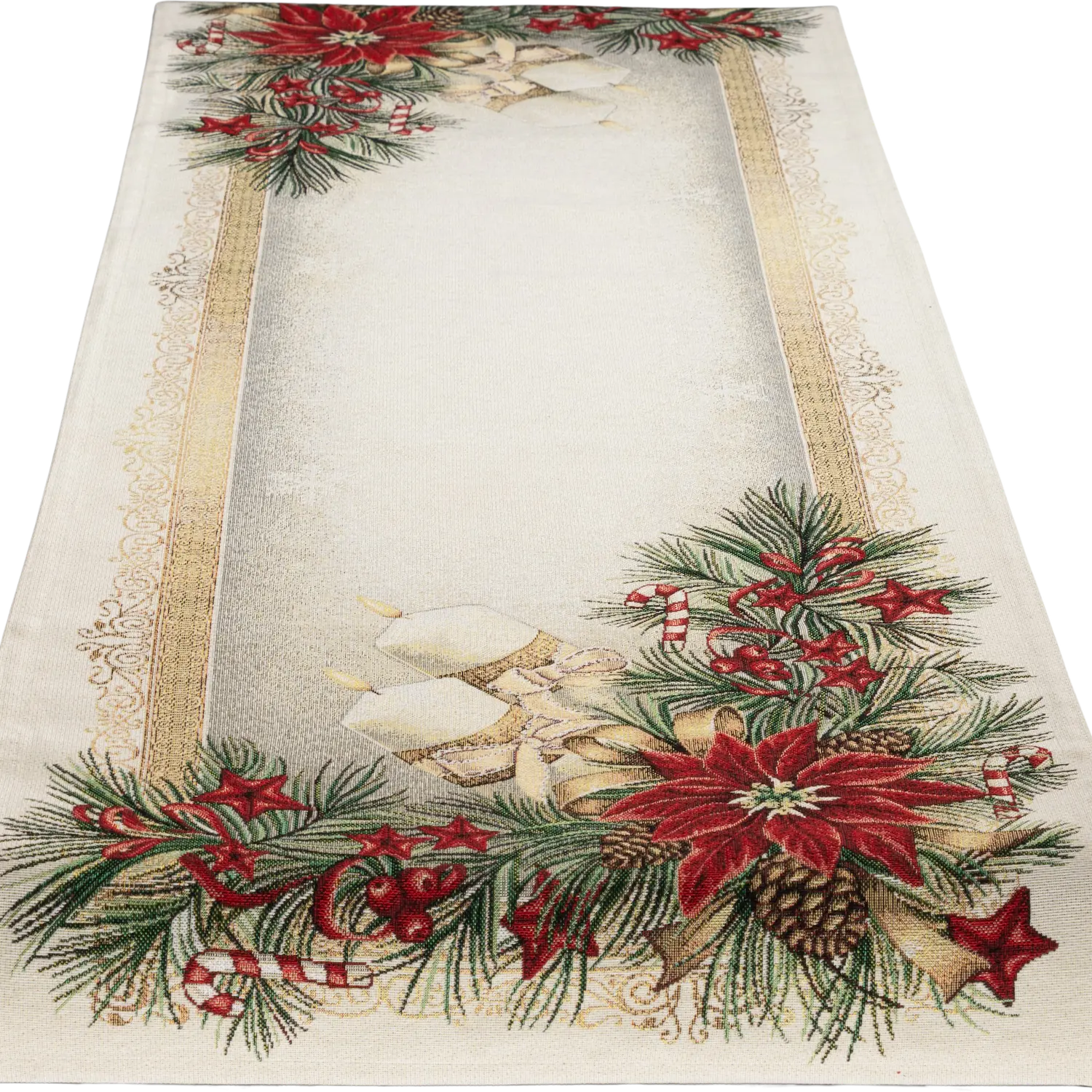 Festlicher Gobelin-Tischläufer, rechteckig, mit roten Weihnachtssternen, grünen Tannenzweigen und goldener Zierbordüre