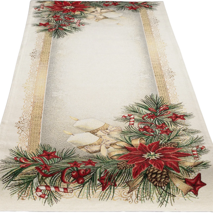 Festlicher Gobelin-Tischläufer, rechteckig, mit roten Weihnachtssternen, grünen Tannenzweigen und goldener Zierbordüre