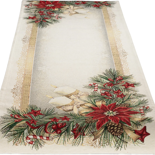Festlicher Gobelin-Tischläufer, rechteckig, mit roten Weihnachtssternen, grünen Tannenzweigen und goldener Zierbordüre